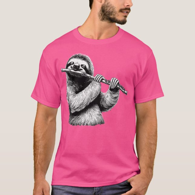 Sloth Playing Flute Flautist Player Instrument Mus T-Shirt (Front)