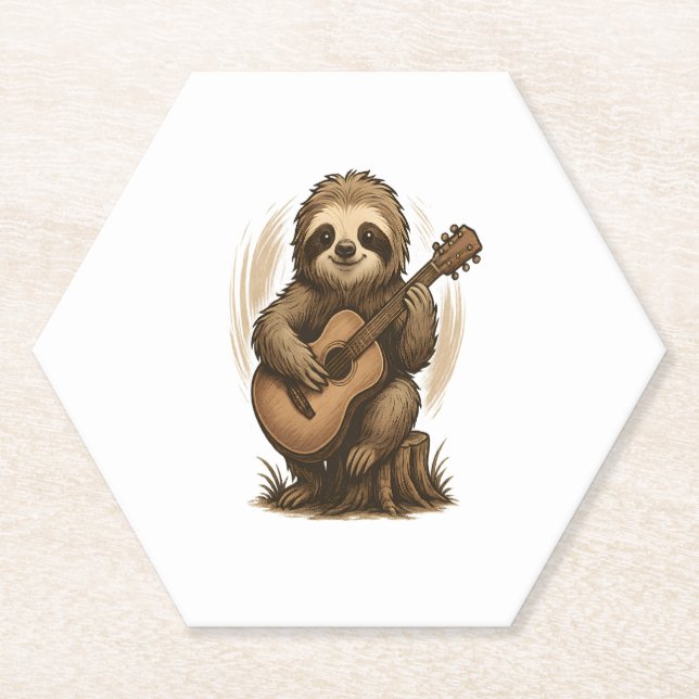 Sloth Playing Guitar Paper Coaster (Front)