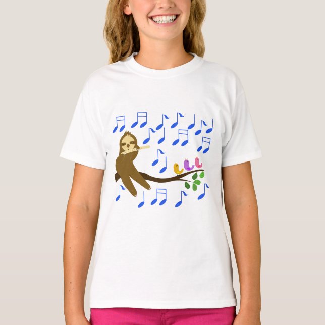 Sloth plays flute and birds sing T-Shirt (Front)