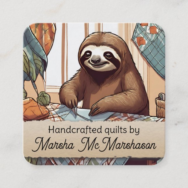 Sloth quilter quilting sewing seamstress packaging square business card (Front)