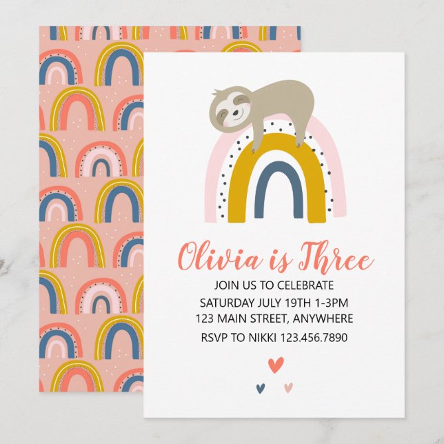 Sloth Rainbow Birthday Invitation (Front/Back)