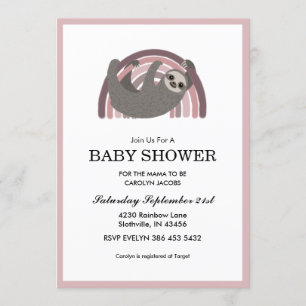 Sloth Rainbow Mauve Baby Girl Baby Shower Invitation