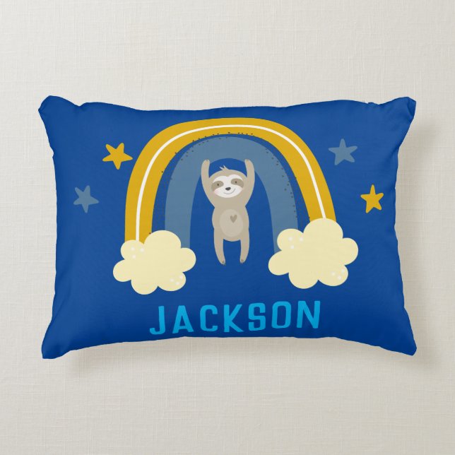 Sloth Rainbow Navy Blue Personalise Name Decorative Cushion (Front)