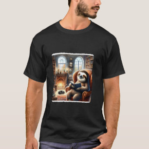 Sloth Reading In A Cosy Library With A Cat. Firepl T-Shirt