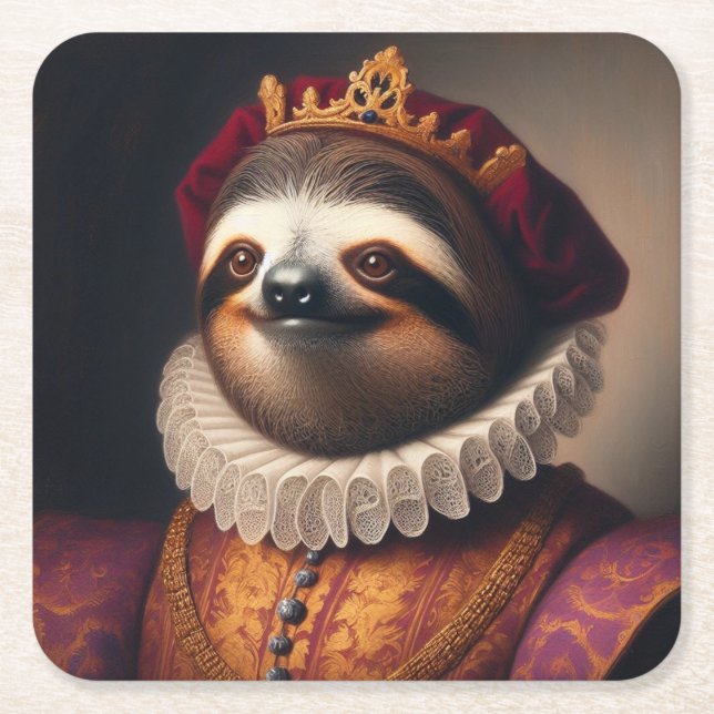 Sloth Renaissance King Square Paper Coaster (Front)