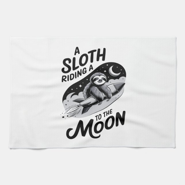 Sloth Riding a Rocket to the Moon Tea Towel (Horizontal)