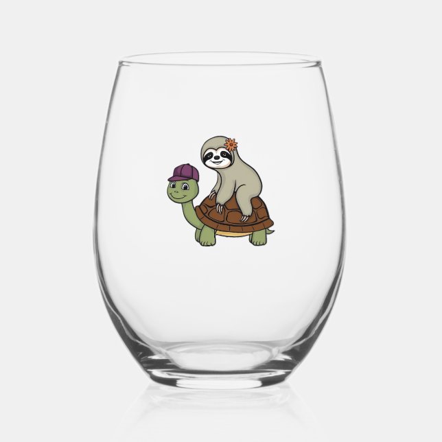Sloth riding a turtle Classic T-Shirt Stemless Wine Glass (Front)