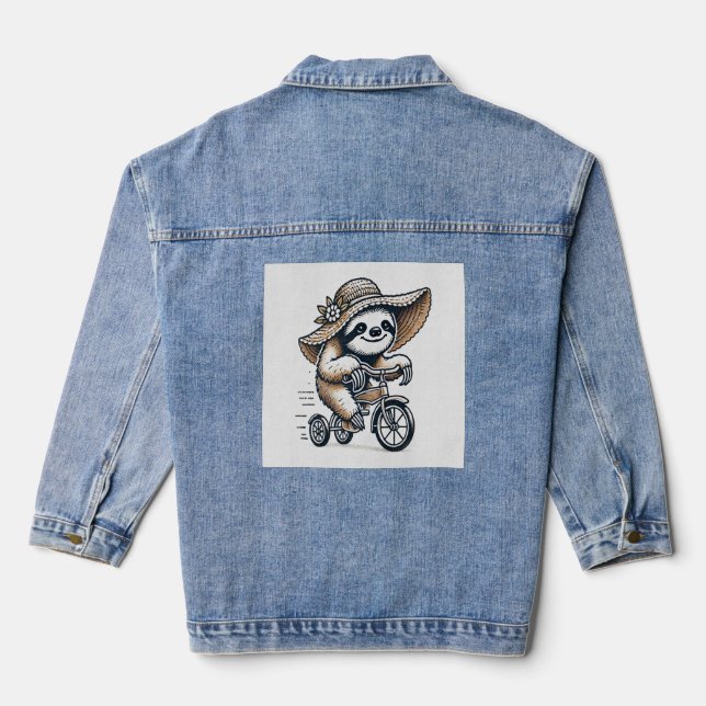 Sloth Riding Bike Denim Jacket (Back)
