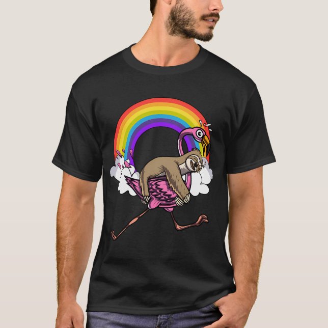 Sloth Riding Flamingo Bird T-Shirt (Front)