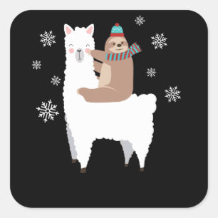 Sloth Riding Llama Funny Christmas Scarf Santa Hat Square Sticker