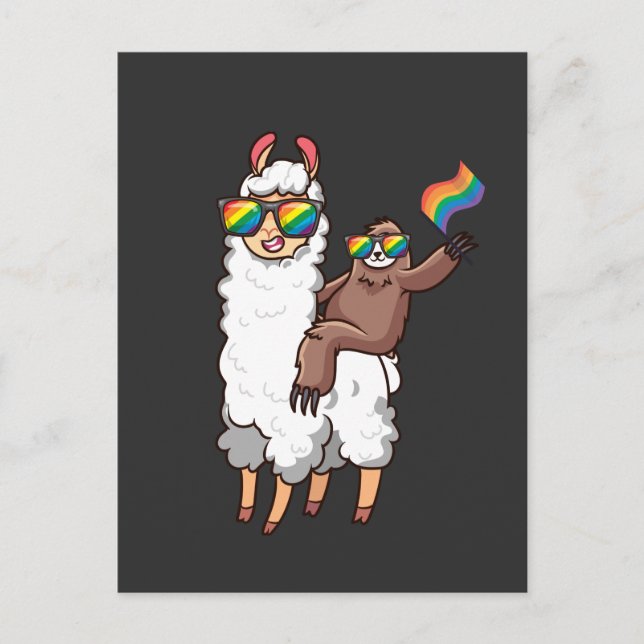 Sloth Riding Llama with Sunglasses Equality LGBT Postcard (Front)