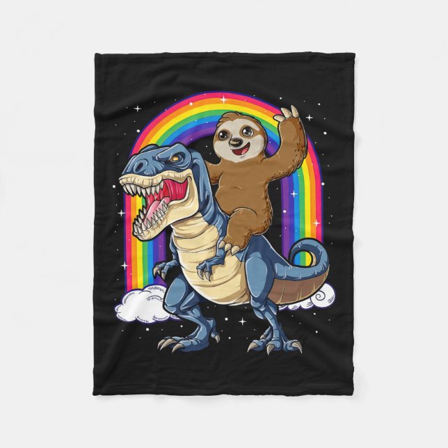 Sloth Riding T-rex Dinosaur Rainbow Funny Animals  Fleece Blanket (Front)