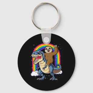 Sloth Riding T-rex Dinosaur Rainbow Funny Animals Key Ring
