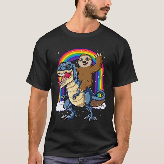 Sloth Riding T-rex Dinosaur Rainbow Funny Animals  T-Shirt (Front)