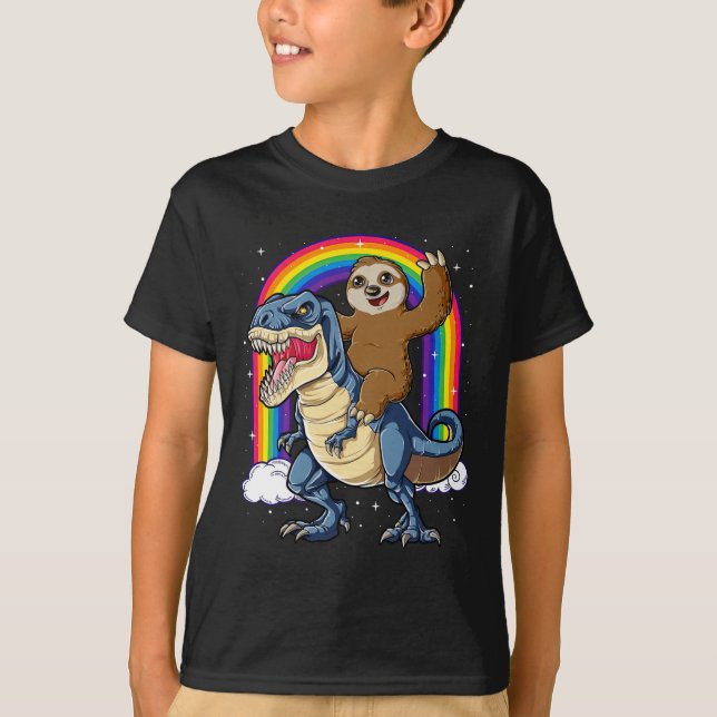 Sloth Riding T-rex Dinosaur Rainbow Funny Animals  T-Shirt (Front)