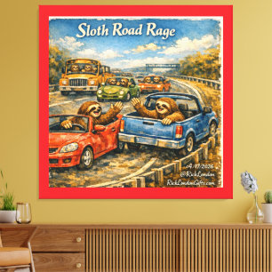 Sloth Road Rage – Rockwell‑Inspired Watercolor Car Canvas Print