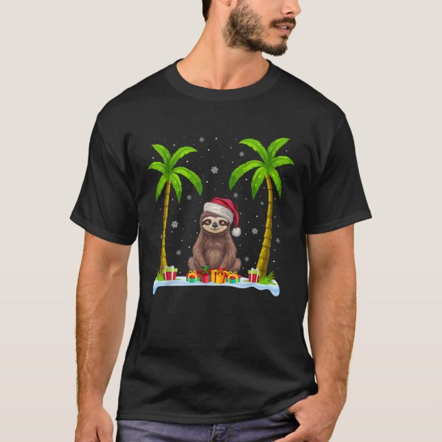 Sloth Santa Hat Palm Tree Beach Xmas Pajama  T-Shirt (Front)