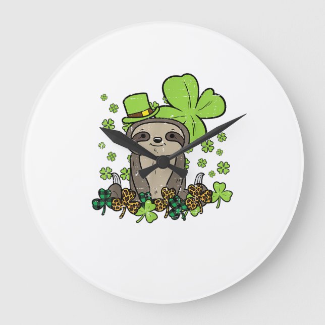 Sloth Shamrock Plaid Leopard St Patricks Day Men W Large Clock (Front)
