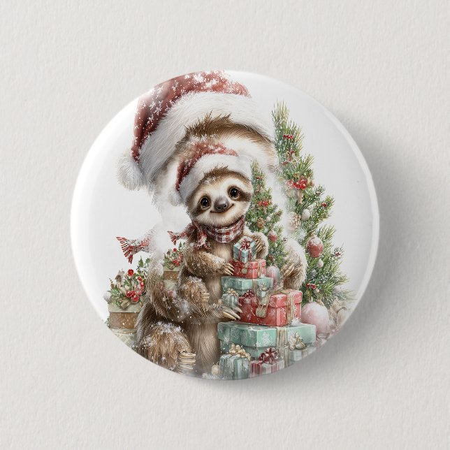 Sloth Shirt Christmas Santa Hat 6 Cm Round Badge (Front)