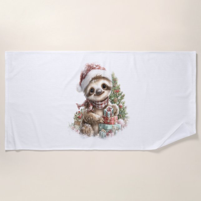 Sloth Shirt Christmas Santa Hat Beach Towel (Front)