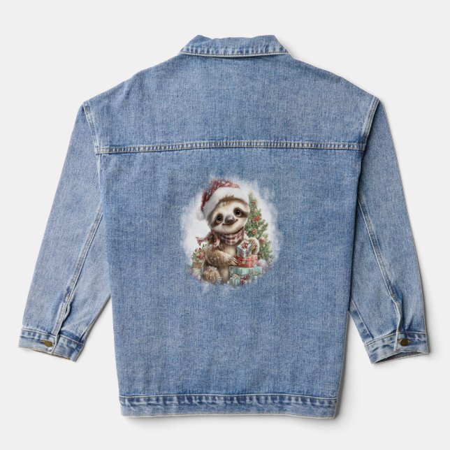 Sloth Shirt Christmas Santa Hat Denim Jacket (Back)