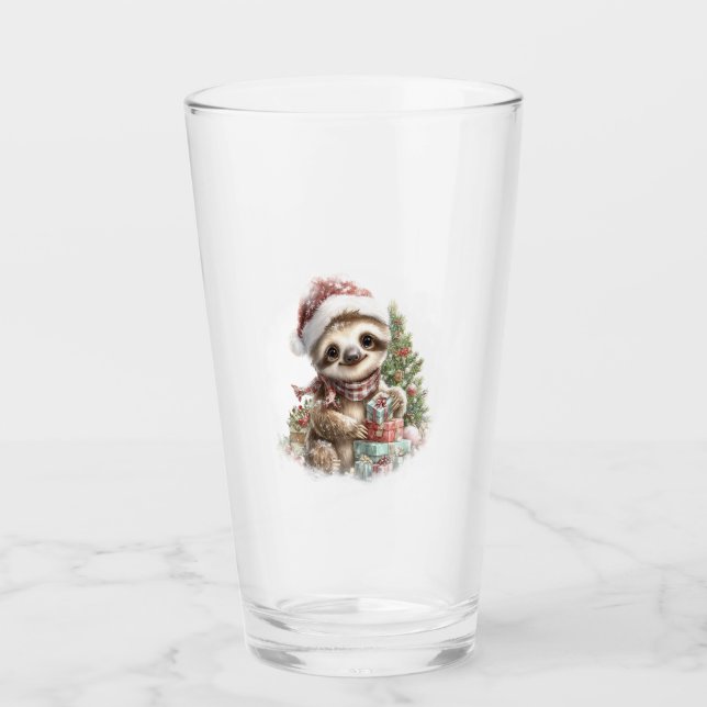 Sloth Shirt Christmas Santa Hat Glass (Front)