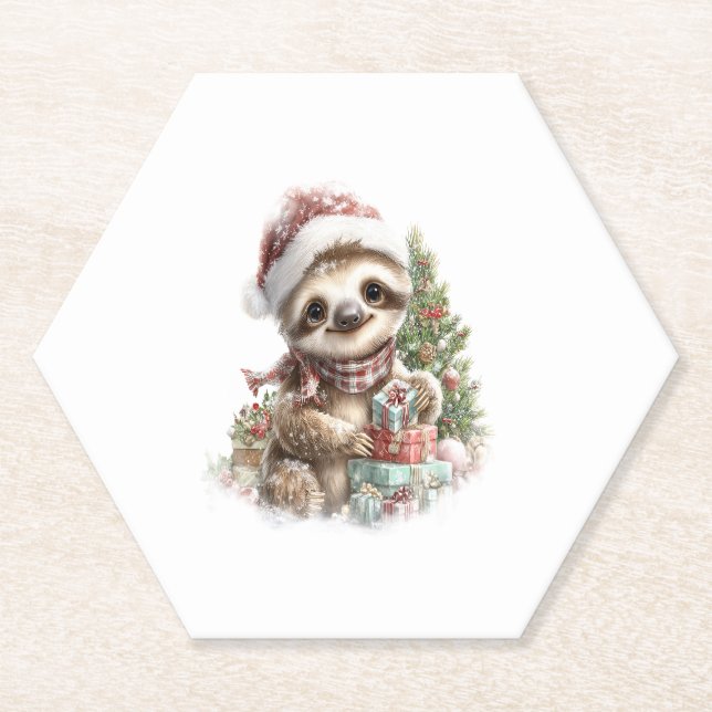 Sloth Shirt Christmas Santa Hat Paper Coaster (Front)