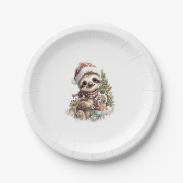 Sloth Shirt Christmas Santa Hat Paper Plate (Front)