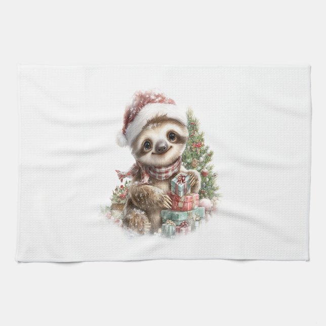Sloth Shirt Christmas Santa Hat Tea Towel (Horizontal)