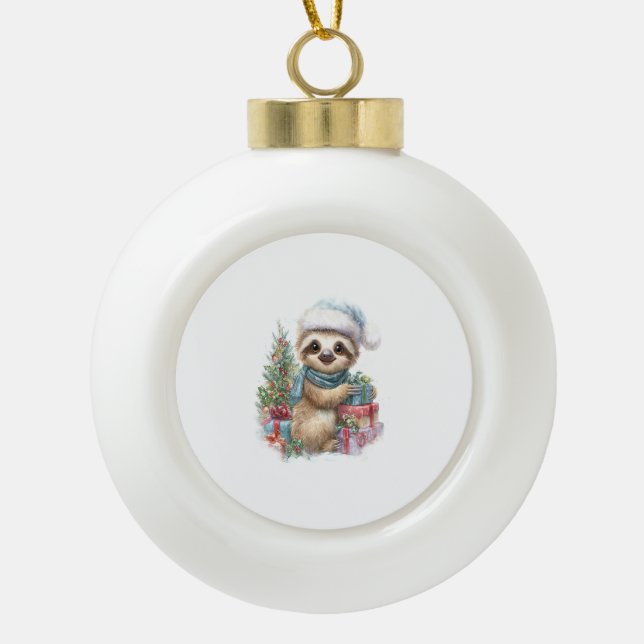 Sloth Shirt Safari Christmas Santa Ceramic Ball Christmas Ornament (Front)