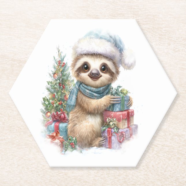 Sloth Shirt Safari Christmas Santa Paper Coaster (Front)