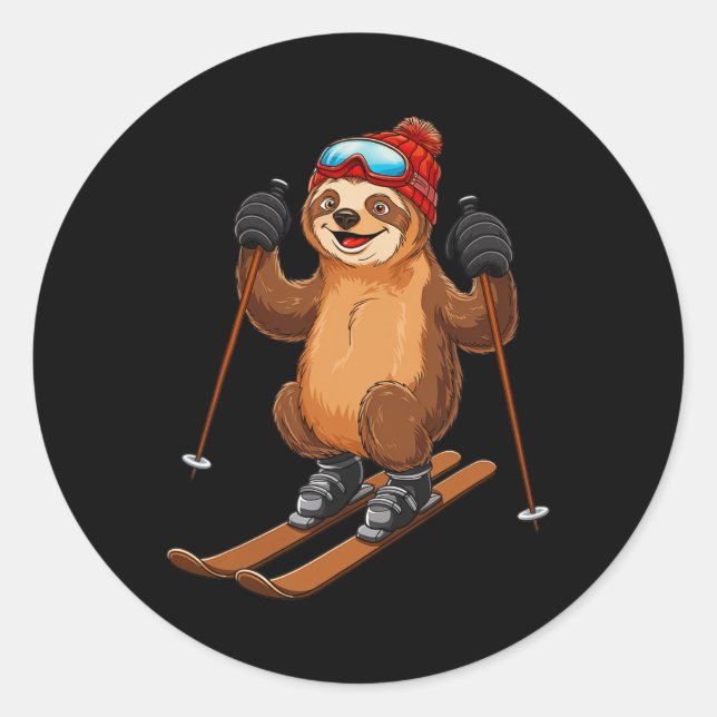 Sloth Skiing Adventure Winter Sports  Classic Round Sticker (Front)