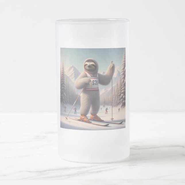 Sloth Skiing Frosted Glass Beer Mug (Center)