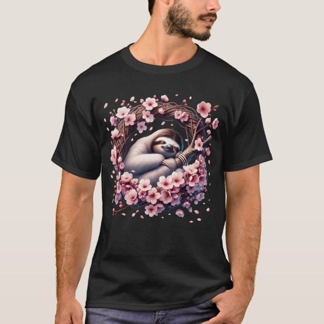 Sloth Sleep on Cherry Blossoms Japanese Art T-Shirt (Front)