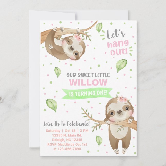 Sloth sloths girl birthday invitation, any age. invitation (Front)