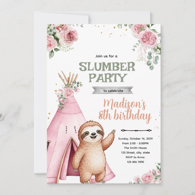 Sloth slumber birthday party invitation (Front)
