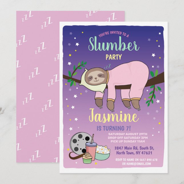 Sloth Slumber Party Birthday Pink Movies Popcorn Invitation (Front/Back)