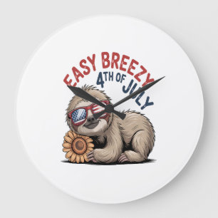 Sloth Sunflower 4th of July Large Clock