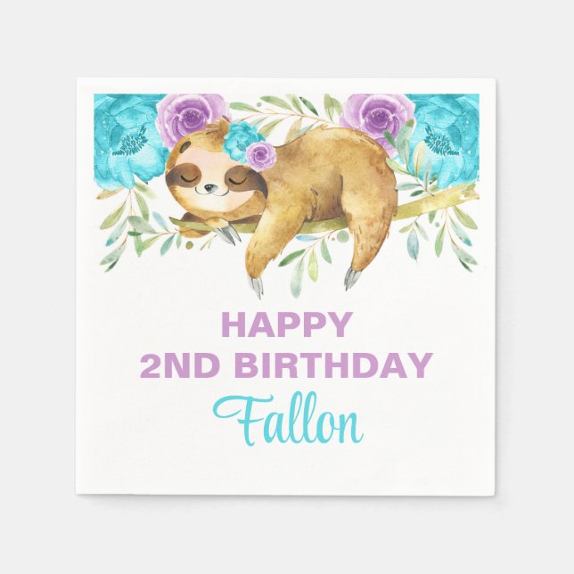 Sloth turquoise purple girl birthday paper napkins (Front)