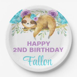 Sloth turquoise purple girl birthday paper plates. paper plate