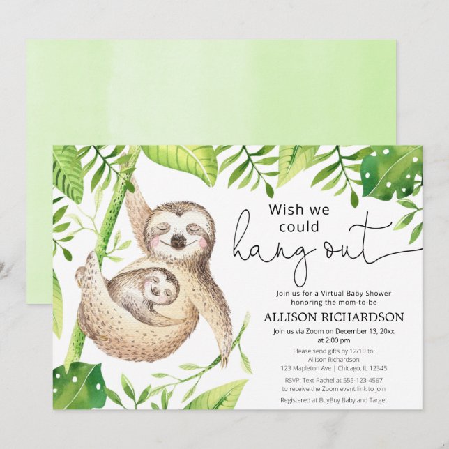 Sloth Virtual baby shower gender neutral cute Invitation (Front/Back)