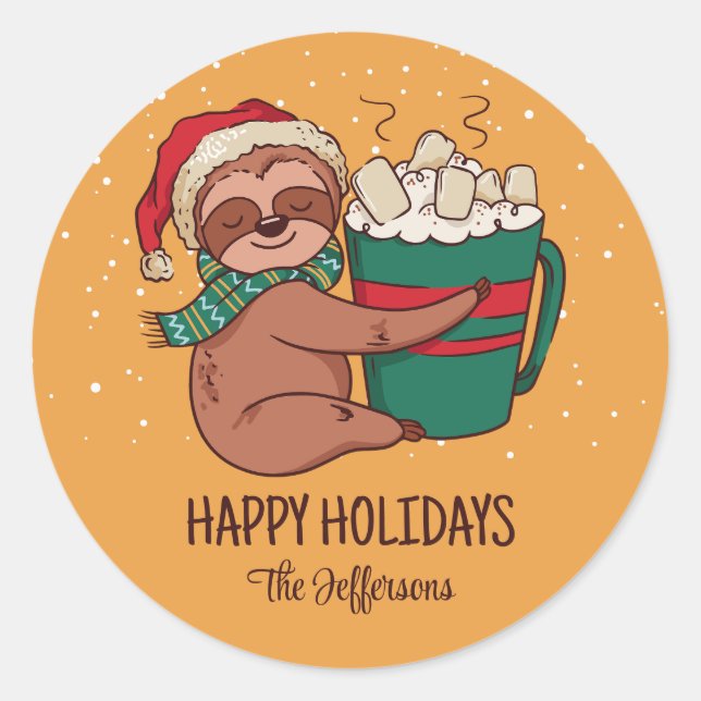 Sloth Warm Cosy Christmas Snowy Winter Holiday Classic Round Sticker (Front)