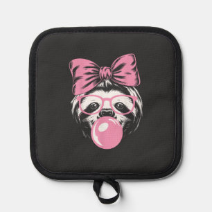 Sloth Wearing Glasses and Blowing Pink Bubble Gum  Pot Holder