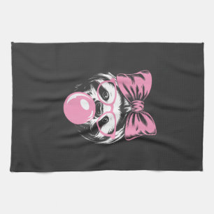 Sloth Wearing Glasses and Blowing Pink Bubble Gum  Tea Towel