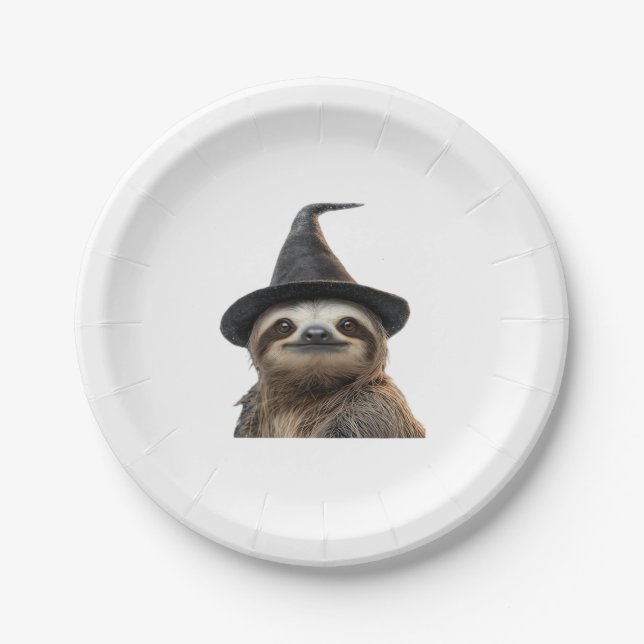 Sloth Wearing Halloween Witch Hat Classic T-Shirt Paper Plate (Front)