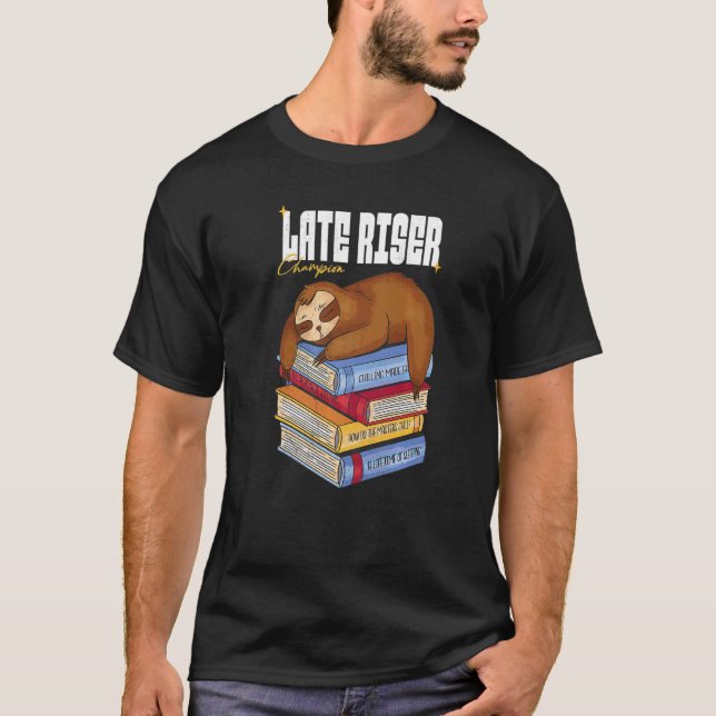 Sloth With Books Late Riser Champion T-Shirt (Front)