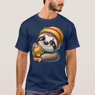 Sloth with burger cute fast food cartoon retro T-Shirt