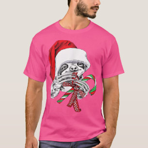 Sloth with Candy Cane in Santa Hat Cute Christmas T-Shirt