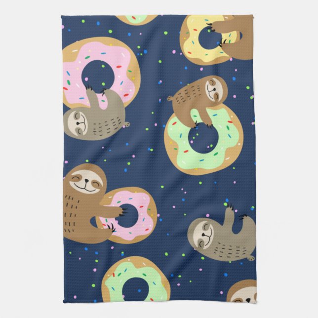 Sloth with doughnuts  tea towel (Vertical)