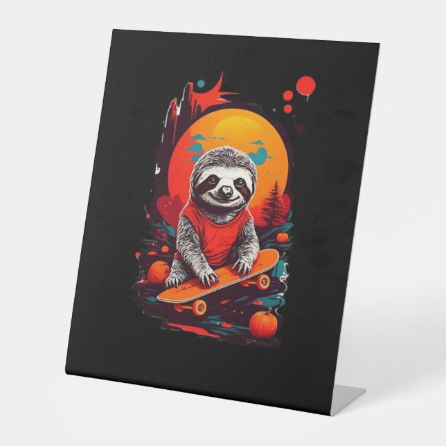 Sloth with skateboard on halloween night Classic T Pedestal Sign (Front)